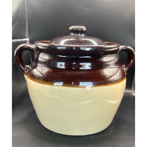The Unbranded Brand Other - Vintage USA Glazed Stoneware Ceramic Pottery Bean Pot - Brown and Beige